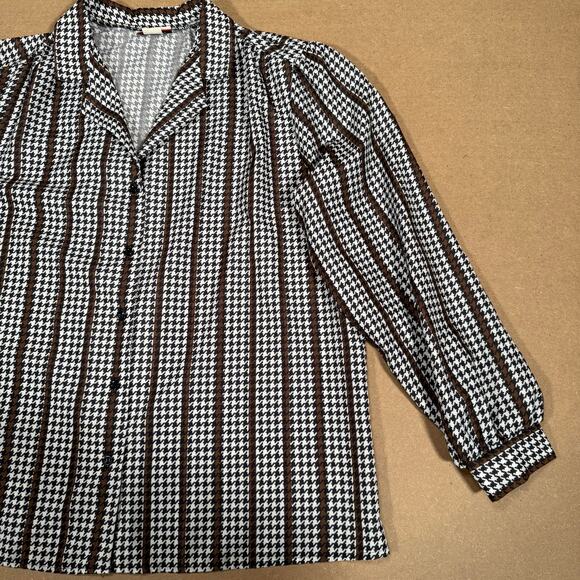 Vintage 70s Rhapsody Houndstooth Blouse Sz 40 Made in USA Brown Retro Disco Top - Picture 5 of 8